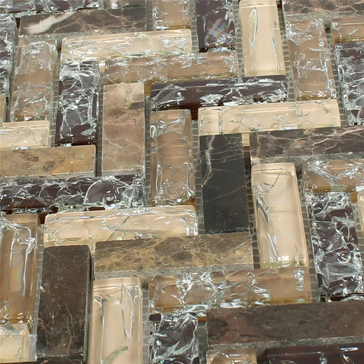 Mosaikfliesen Glas Naturstein Malawi Dark Emperador Fischgrät