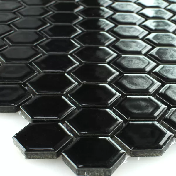 Mosaikfliesen Keramik Hexagon Schwarz Glänzend H23