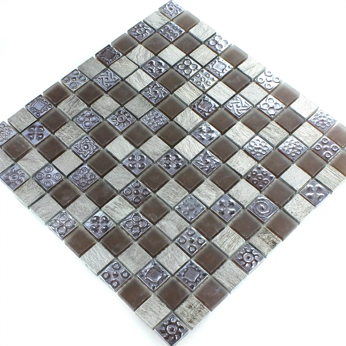 Mosaikfliesen Kalkstein Glas Grau Braun 23x23x8mm