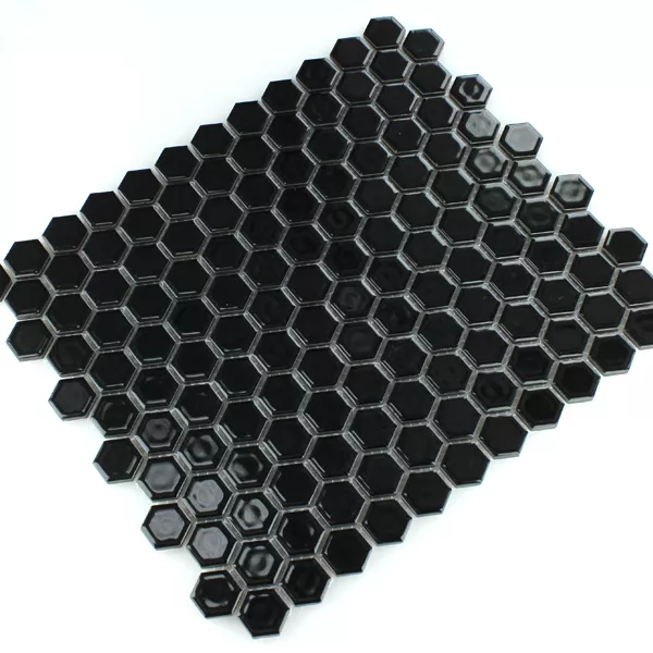 Mosaikfliesen Keramik Hexagon Schwarz Glänzend H23