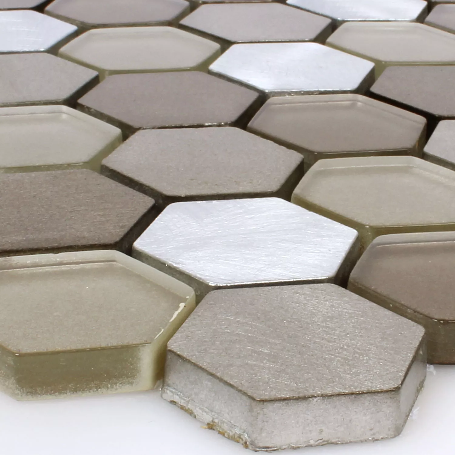 Mosaikfliesen Glas Alu Angela Hexagon Braun Silber