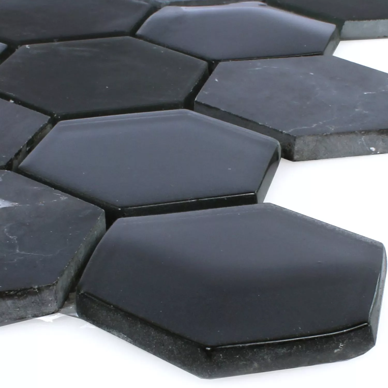 Mosaikfliesen Hexagon Glas Naturstein Iznik Schwarz 3D